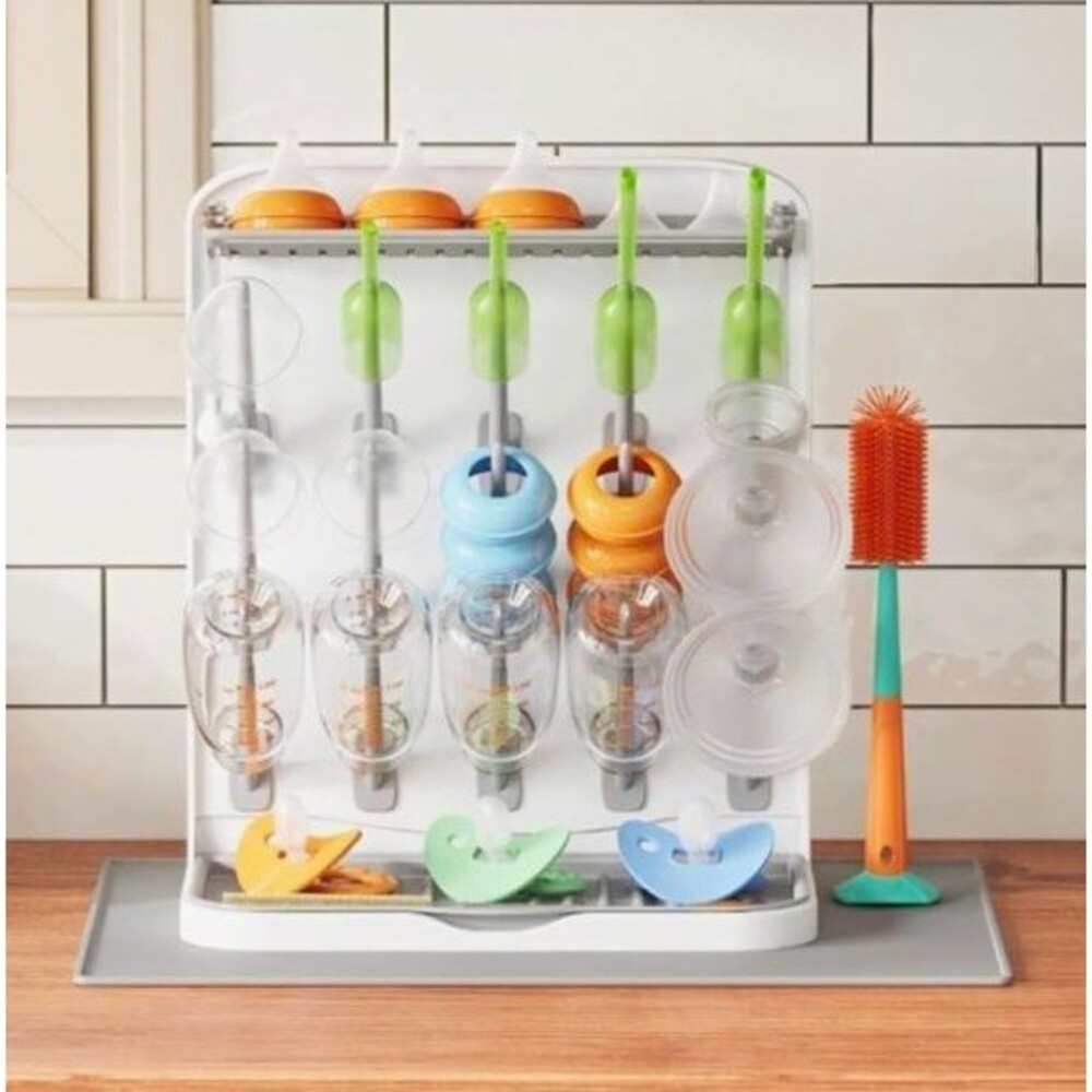 All-in-One Baby Bottle Drying Rack Standalone w/ Detachable Drip Tray White/Gray